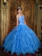 Sweetheart Appliques Ruffles Ball Gown Organza Blue Best Quinceanera Dresses 2014