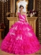 Sweetheart Ball Gown Beadings and Ruffles Hot Pink and White One Shoulder 2014 Spring Quinceanera Dresses