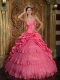 Sweetheart Ball Gown Beadings Coral Red Taffta Tulle Appliques Spring Quinceanera Dresses