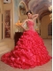 Sweetheart Ball Gown Embroidery Coral Red Spaghetti Straps Lace-up Organza Spring Quinceanera Dresses