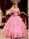 Sweetheart Beading and Ruffles Organza Rose Pink Lace-up Spring Quinceanera Dresses 2014