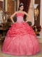 Sweetheart Beadings Ball Gown Embroidery Taffeta Appliques Organza Coral Red Pick-ups Best Quinceanera Dresses