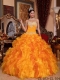 Sweetheart Beadings Organza Golden Ball Gown Appliques Ruffles Best Quinceanera Dresses