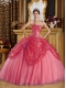 Sweetheart Coral Red Ball Gown Sequined and Tulle Lace-up Hand Made Flower