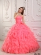 Sweetheart Hot Pink Beadings and Hand Made Flower Watermelon Lace-up Spring Quinceanera Dresses