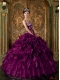 Sweetheart Ruffles Eggplant Purple Ball Gown Organza 2014 Quinceanera Dresses Strapless Lace-up