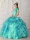 Turquoise Ball Gown Strapless Satin and Organza Beading Quinceanera Dress