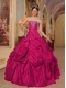 Wine Red Taffeta Strapless With Beading Appliques and Pick Ups Ball Gown Dress