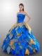 Modern Strapless Beading and Ruffles Quinceanera Dress in Blue and Orange