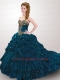 2014 Classical Blue Court Train Quinceanera Dress with Beading