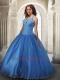 2014 Modest Halter Top Tulle Appliques Quinceanera Dress in Blue