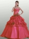 2014 Popular Strapless Coral Red Quinceanera Dresses with Hand Made Flowers and Ruffles