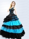 Modest V-neck Blue and Black Quinceanera Dress with Hand Made Flowers