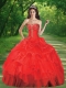 2014 Popular Strapless Red Quinceanera Dresses with Beading and Ruffled Layers