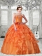 2014 Pretty Puffy Strapless Ruffles Orange Red Dress For Quinceanera