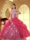 Exquisite Sweetheart Coral Red Quinceanera Dresses with Pick-ups and Appliques for 2015