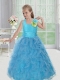 Elegant Halter Little Girl Pageant Dress with Bowknot Hand Made Flowers Ruffles in Blue