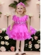 Short sleeves Fuchsia A-Line Modest Little Girl Dress with Beading and Ruffles