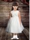 2014 Popular White Tea-length Scoop Flower Girl Dress with Hand Made Flowers