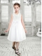 A-Line Tea-length Bowknot White Lace Flower Girl Dress with Scoop