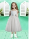 Hand Made Flowers Scoop Tea-length Satin Flower Girl Dress for 2014