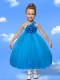 Nice One Shoulder Tulle Tea-length Blue Little Girl Dress with Appliques
