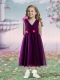 Sashes and Hand Made Flowers V-neck Tea-length Empire Flower Girl Dress in Dark Purple