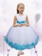 White and Blue Scoop Ball Gown Ankle-length Tulle Flower Girl Dress for 2014