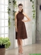 Ruching Chiffon Halter Hand Made Flowers Prom Dress in Brown