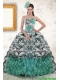 2015 Exquisite Turquoise Sweep Train Quinceanera Dresses with Beading and Picks Ups