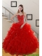 Classical 2015 Sweetheart Red Quince Gowns with Beading and Ruffles