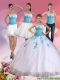 2015 Elegant Strapless Beading and Appliques Quinceanera Dress in White and Blue