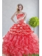 2015 Top Seller Watermelon Red Cheap Quince Dresses with Appliques and Ruffles