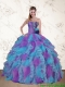 Elegant Strapless Beading and Ruffles Multi Color Sweet 15 Dress