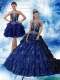Perfect Navy Blue Sweetheart Quinceanera Dress with Ruffles and Embroidery