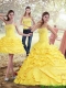 Sophisticated Yellow Strapless Brush Train Quinceanera Dresses with Beading