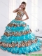 New Styles 2015 Leopard Printed Sweetheart Beaded Aqua Blue Quinceanera Dresses with Brush Train