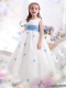 White Scoop Adorable Little Girl Pageant Dress with Baby Blue Waistband and Appliques