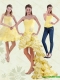 2015 Detachable Yellow Sweetheart High Low Prom Dress with Beading and Ruffled Layers