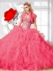 Top Seller Rose Pink 2015 Summer Ball Gown Sweet 16 Dress with Beading and Ruffles