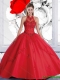 2016 Pretty Ball Gown Halter Top Red Quinceanera Dresses with Beading