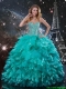 Cheap Brush Train Turquoise Quinceanera Dresses with Beading and Ruffles