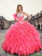 2016 Romantic Strapless Beaded and Ruffles Quinceanera Gowns in Coral Red