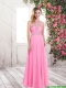 2016 Summer High Neck Rose Pink Long Prom Dresses with Beading