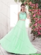 Luxurious Beaded Apple Green Prom Dresses with Brush Train