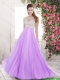 Pretty Bateau Open Back Brush Train Prom Dresses in Lilac