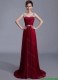 Cheap Brush Train Scoop Zipper Up Prom Dresses in Wine Red