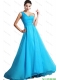 Elegant One Shoulder Aqua Blue Prom Dresses with Brush Train