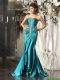 Luxurious Mermaid Brush Train Beaded Prom Dresses in Teal