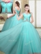 Luxurious Straps Beading Sweet 16 Dresses in Aqua Blue